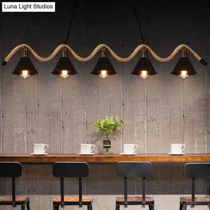 DecorBites™ Industrial Metal Cone Island Pendant Light - Matte Black Finish with Twisted Rope Detailing