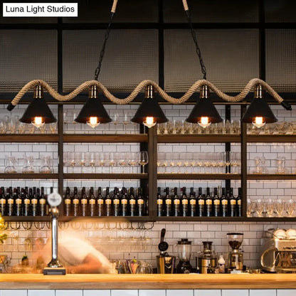 DecorBites™ Industrial Metal Cone Island Pendant Light - Matte Black Finish with Twisted Rope Detailing