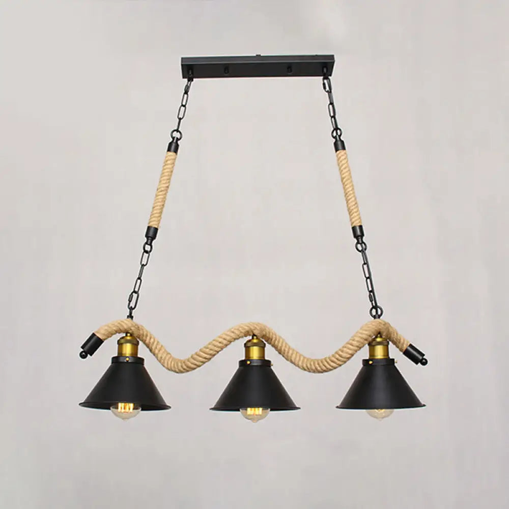DecorBites™ Industrial Metal Conical Island Ceiling Light Bar Pendant with Wavy Hemp Rope - Black