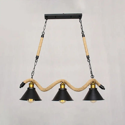 DecorBites™ Industrial Metal Conical Island Ceiling Light Bar Pendant with Wavy Hemp Rope - Black