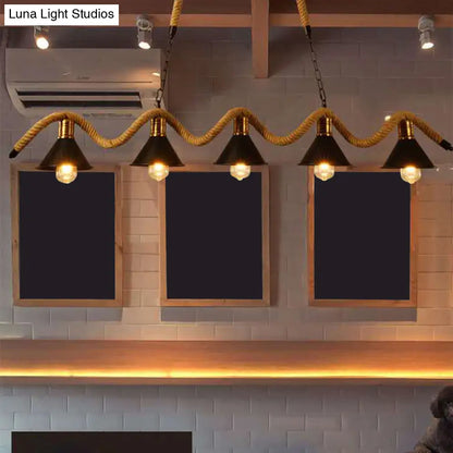 DecorBites™ Industrial Metal Conical Island Ceiling Light Bar Pendant with Wavy Hemp Rope - Black