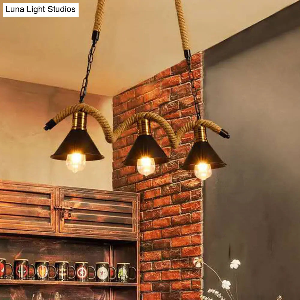 DecorBites™ Industrial Metal Conical Island Ceiling Light Bar Pendant with Wavy Hemp Rope - Black