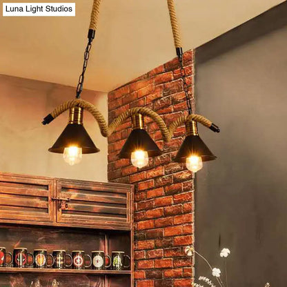 DecorBites™ Industrial Metal Conical Island Ceiling Light Bar Pendant with Wavy Hemp Rope - Black