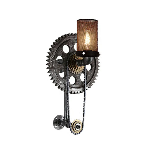 DecorBites™ DecorBites™ Industrial Metal Cylinder Wall Light: Vintage 1-Light Sconce Lamp with Antique Silver Finish and Gear