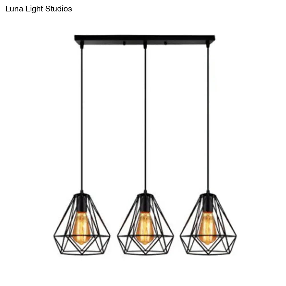 Industrial Metal Diamond Cage Pendant Light - Set of 3 Multi Hanging Lights for Restaurants