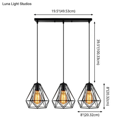 Industrial Metal Diamond Cage Pendant Light - Set of 3 Multi Hanging Lights for Restaurants