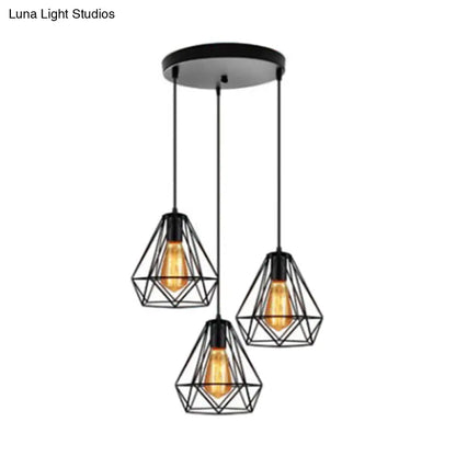 Industrial Metal Diamond Cage Pendant Light - Set of 3 Multi Hanging Lights for Restaurants