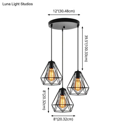 Industrial Metal Diamond Cage Pendant Light - Set of 3 Multi Hanging Lights for Restaurants