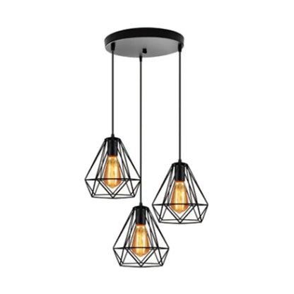 Industrial Metal Diamond Cage Pendant Light - Set of 3 Multi Hanging Lights for Restaurants