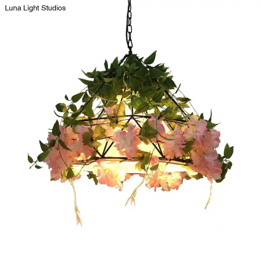 Industrial Metal Diamond LED Pendant Lamp with Rose Decoration in Pink/Light Pink - 18"/23.5" W