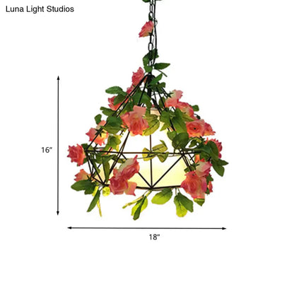 Industrial Metal Diamond LED Pendant Lamp with Rose Decoration in Pink/Light Pink - 18"/23.5" W