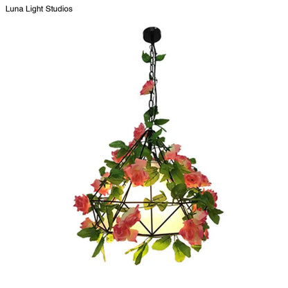 Industrial Metal Diamond LED Pendant Lamp with Rose Decoration in Pink/Light Pink - 18"/23.5" W