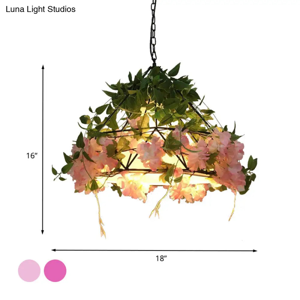 Industrial Metal Diamond LED Pendant Lamp with Rose Decoration in Pink/Light Pink - 18"/23.5" W