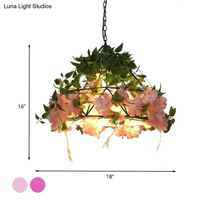 Industrial Metal Diamond LED Pendant Lamp with Rose Decoration in Pink/Light Pink - 18"/23.5" W