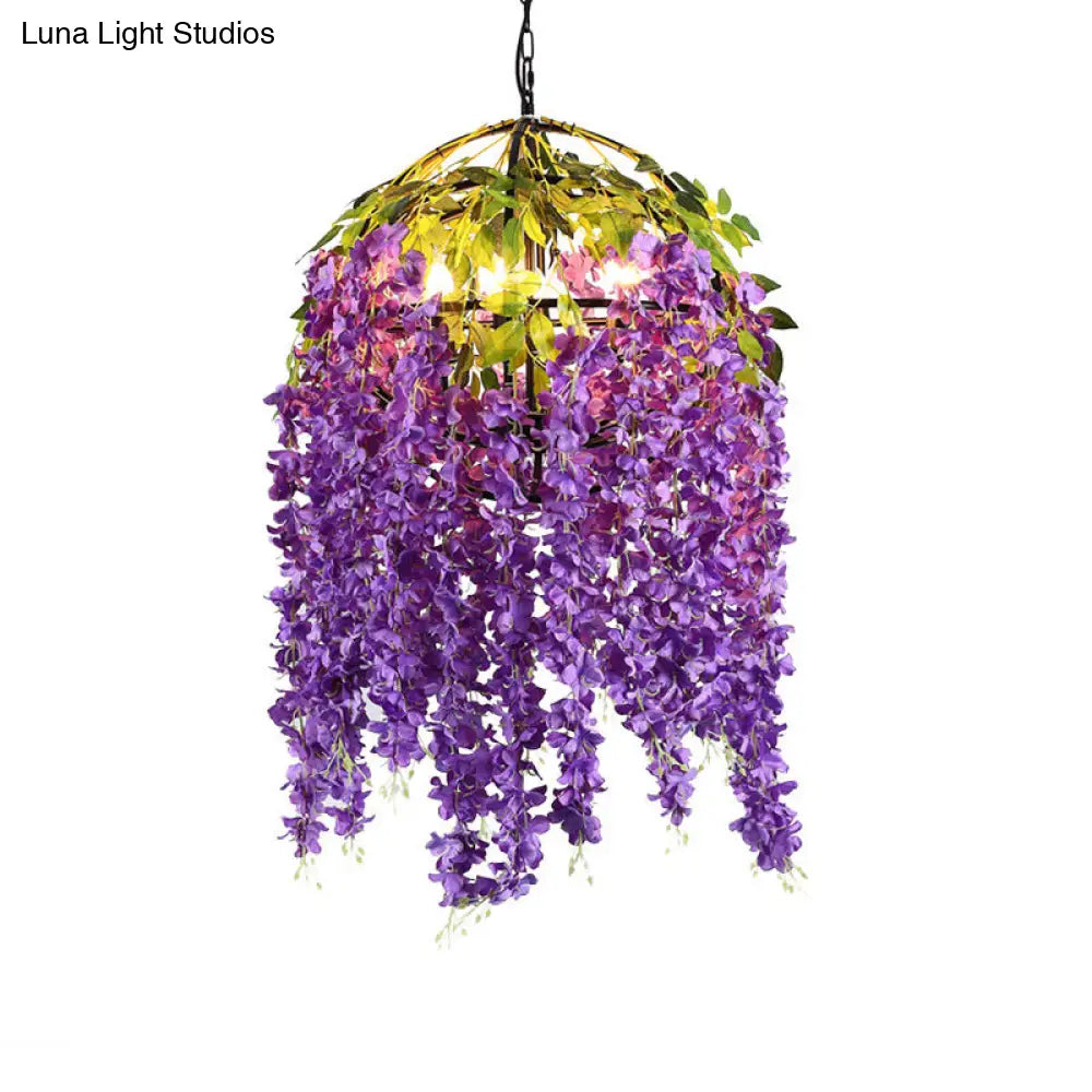 Industrial Metal Dome Pendant Chandelier with Pink/Purple 4/5 Heads, Plant Design - 18"/21.5" Wide