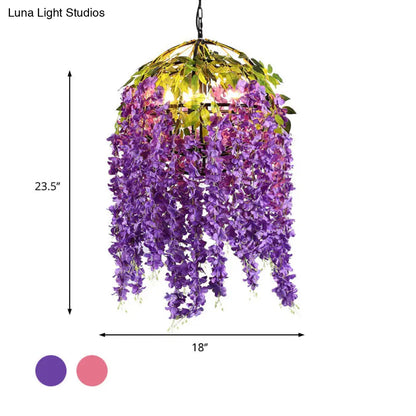 Industrial Metal Dome Pendant Chandelier with Pink/Purple 4/5 Heads, Plant Design - 18"/21.5" Wide