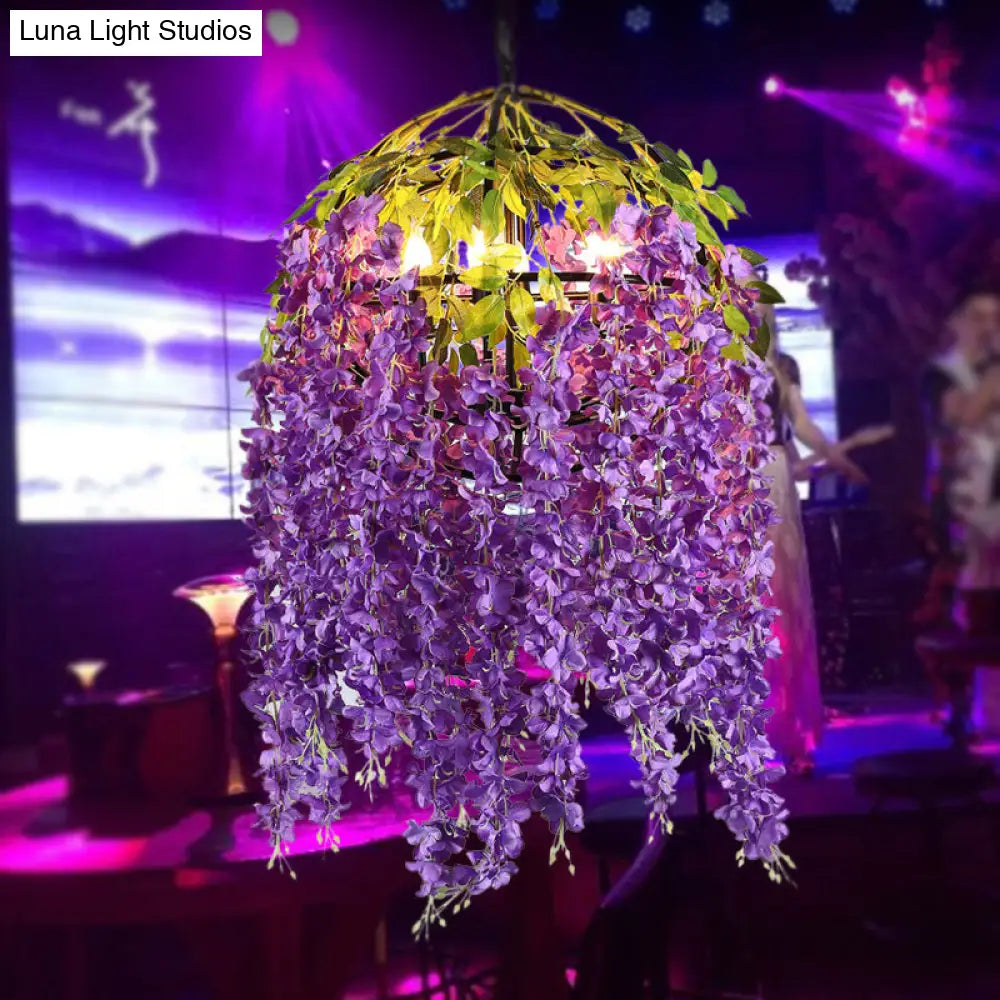 Industrial Metal Dome Pendant Chandelier with Pink/Purple 4/5 Heads, Plant Design - 18"/21.5" Wide