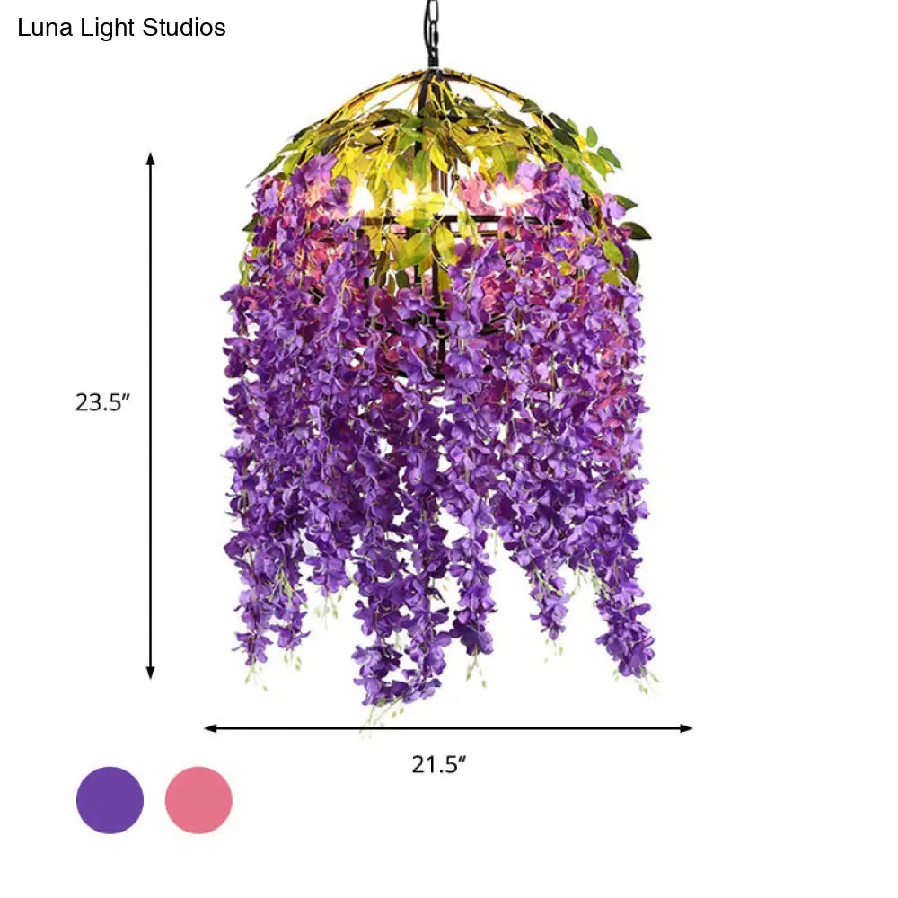 Industrial Metal Dome Pendant Chandelier with Pink/Purple 4/5 Heads, Plant Design - 18"/21.5" Wide