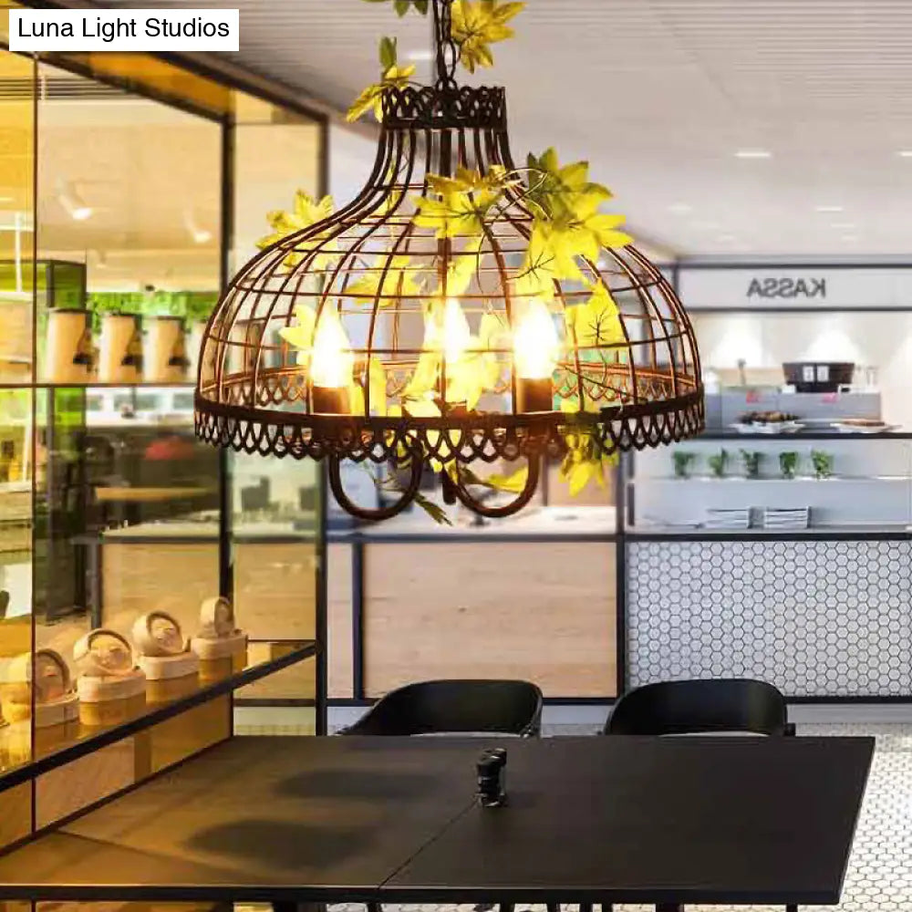 Industrial Metal Dome Pendant Light with 3 Heads and Flower Decoration - Black