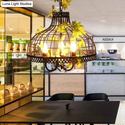 Industrial Metal Dome Pendant Light with 3 Heads and Flower Decoration - Black