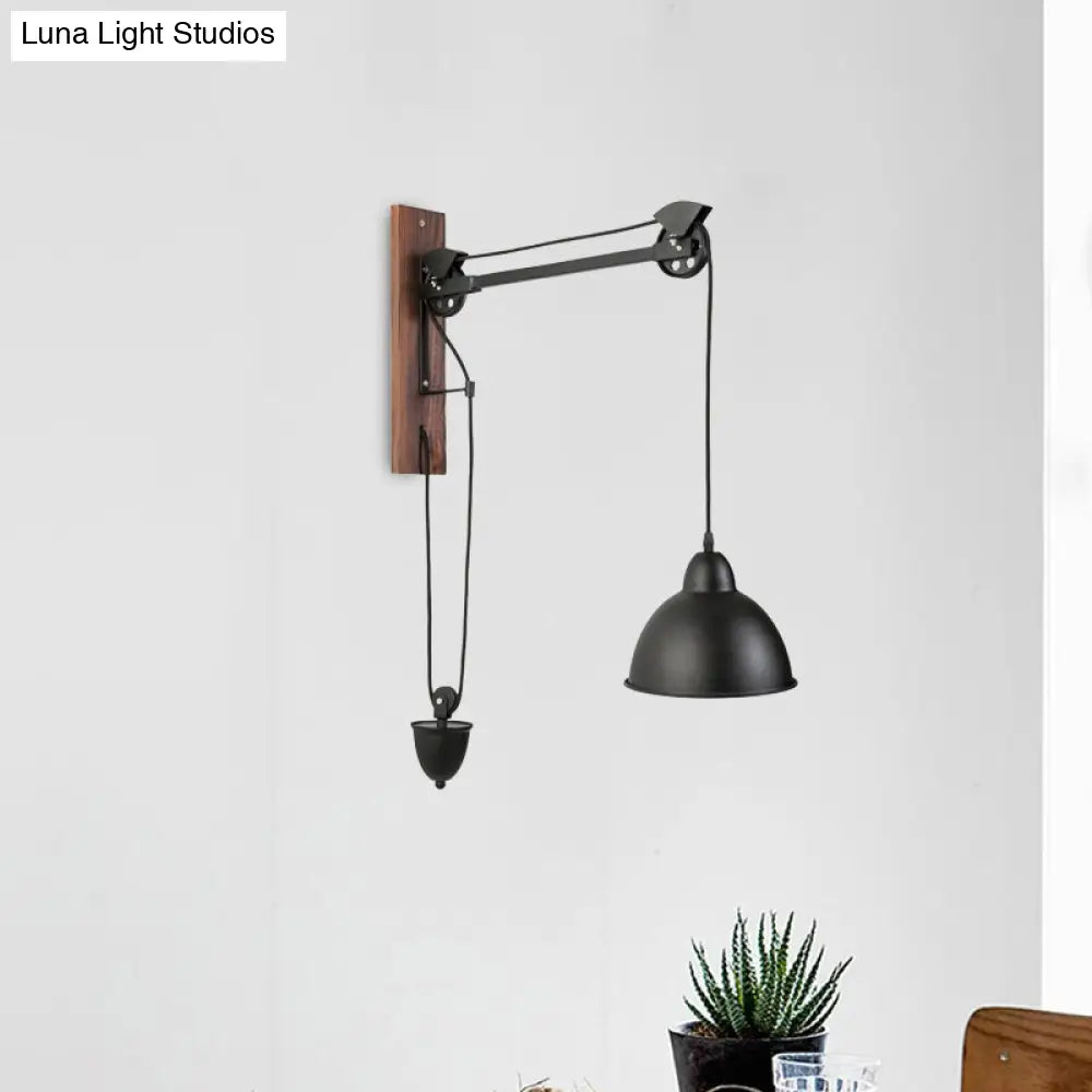 DecorBites™ DecorBites™ Industrial Metal Domed Wall Sconce Light with Wood Backplate and Pulley