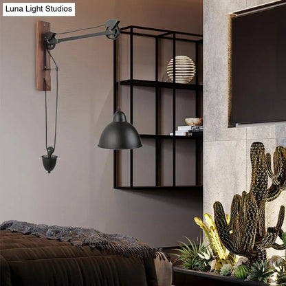 DecorBites™ DecorBites™ Industrial Metal Domed Wall Sconce Light with Wood Backplate and Pulley