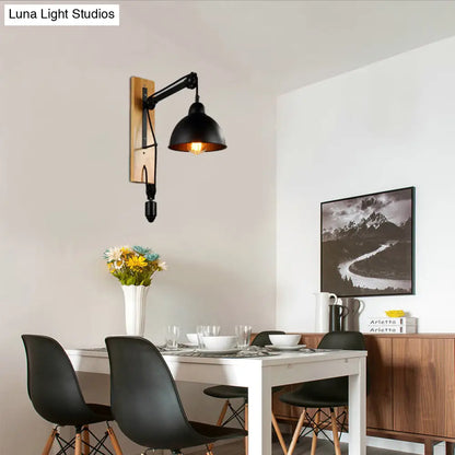 DecorBites™ DecorBites™ Industrial Metal Domed Wall Sconce Light with Wood Backplate and Pulley