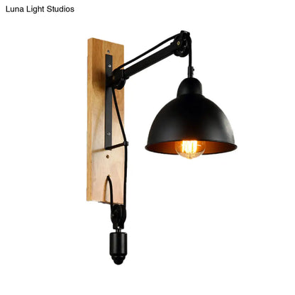 DecorBites™ DecorBites™ Industrial Metal Domed Wall Sconce Light with Wood Backplate and Pulley