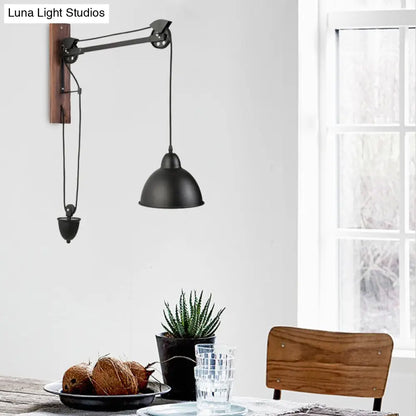 DecorBites™ DecorBites™ Industrial Metal Domed Wall Sconce Light with Wood Backplate and Pulley