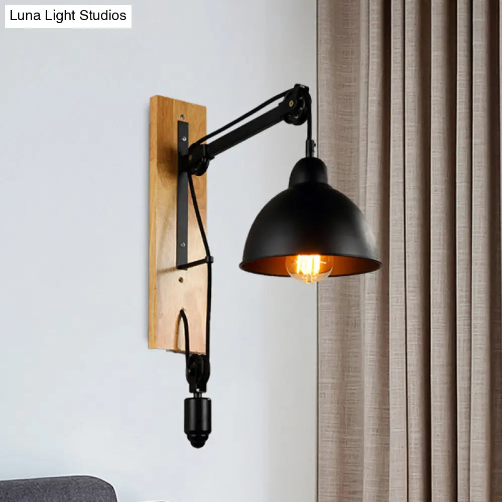 DecorBites™ DecorBites™ Industrial Metal Domed Wall Sconce Light with Wood Backplate and Pulley