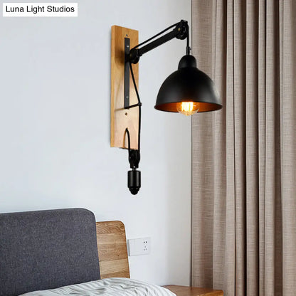 DecorBites™ DecorBites™ Industrial Metal Domed Wall Sconce Light with Wood Backplate and Pulley