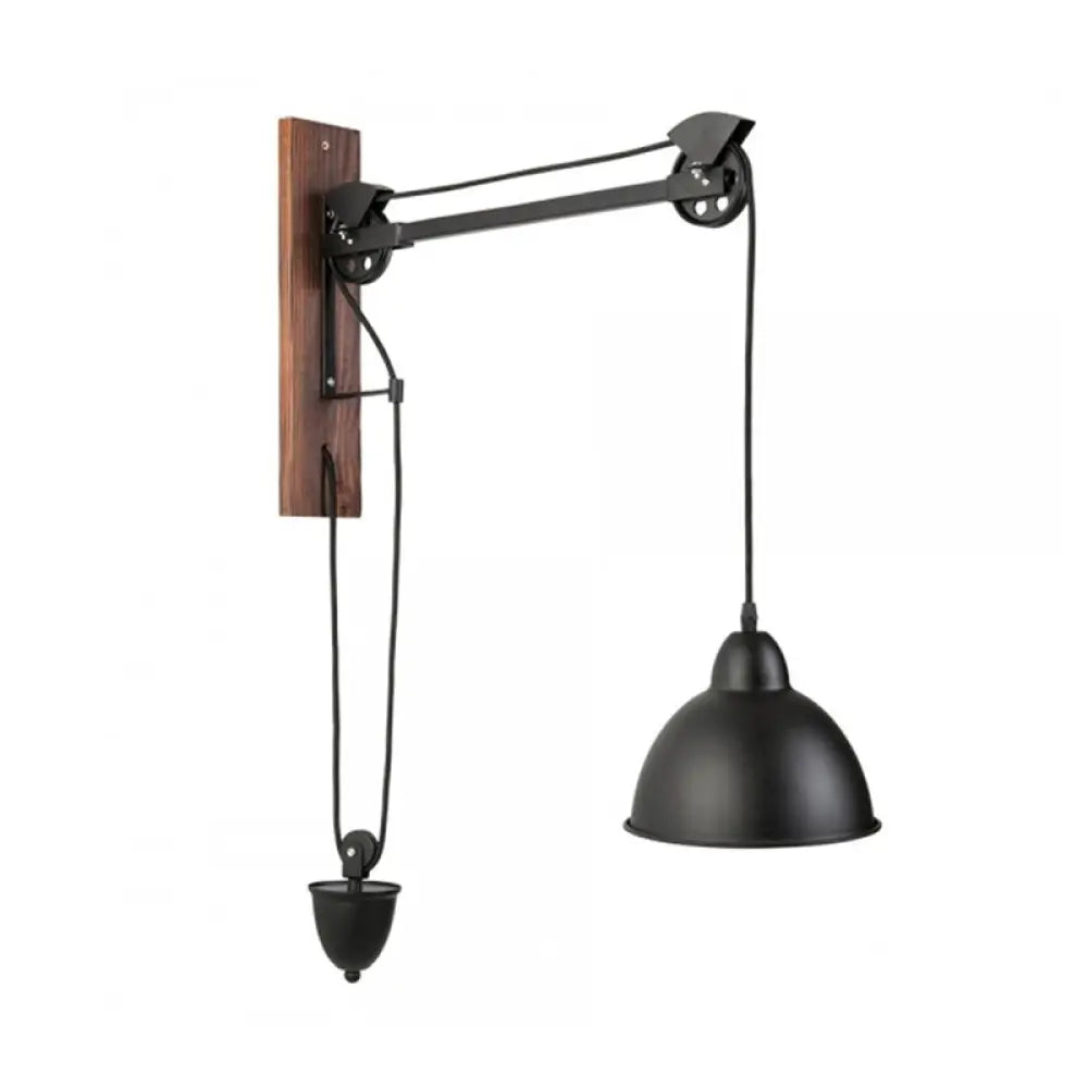 DecorBites™ DecorBites™ Industrial Metal Domed Wall Sconce Light with Wood Backplate and Pulley