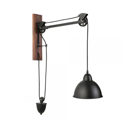 DecorBites™ DecorBites™ Industrial Metal Domed Wall Sconce Light with Wood Backplate and Pulley