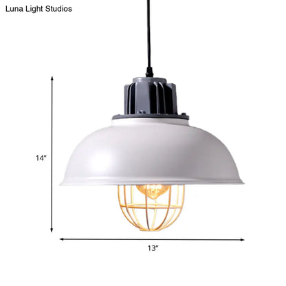 Industrial Metal Drop Pendant Lamp - White Domed Design, Ceiling Suspension for Restaurants (1-Bulb)