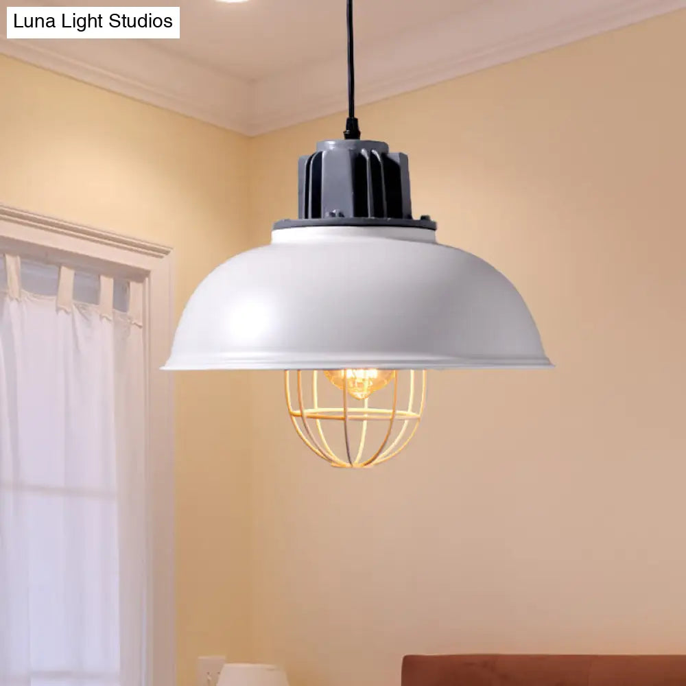 Industrial Metal Drop Pendant Lamp - White Domed Design, Ceiling Suspension for Restaurants (1-Bulb)