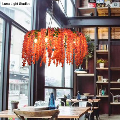 Industrial Metal Floral Chandelier with 6 Pink LED Bulbs for Restaurant Lighting