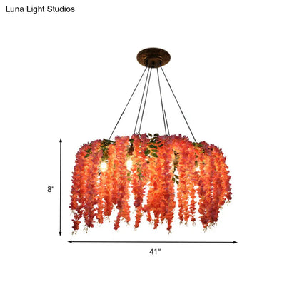 Industrial Metal Floral Chandelier with 6 Pink LED Bulbs for Restaurant Lighting