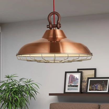 Industrial Metal Frame Pendant Lighting Fixture with Barn Shade - 1 Bulb Living Room Lamp (White/Copper/Rust)