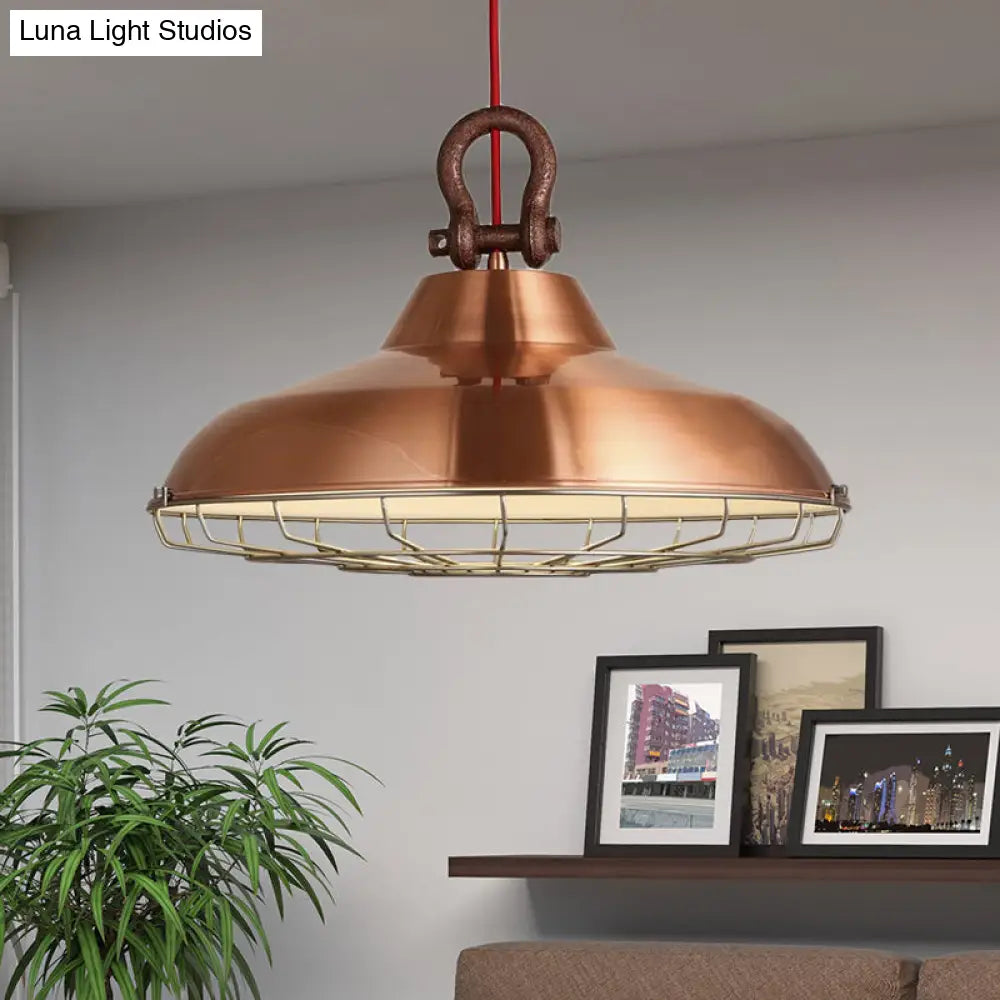 Industrial Metal Frame Pendant Lighting Fixture with Barn Shade - 1 Bulb Living Room Lamp (White/Copper/Rust)