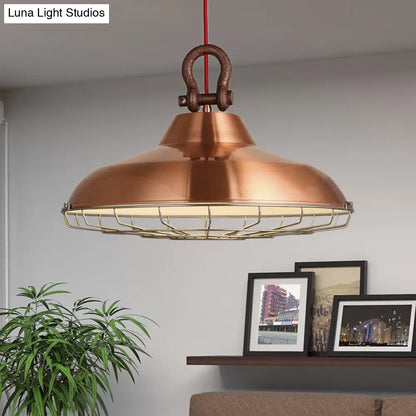 Industrial Metal Frame Pendant Lighting Fixture with Barn Shade - 1 Bulb Living Room Lamp (White/Copper/Rust)