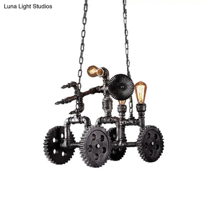 Industrial Metal Gear Pendant Lamp with Robot - Antique Silver Chandelier