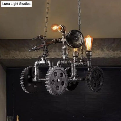 Industrial Metal Gear Pendant Lamp with Robot - Antique Silver Chandelier