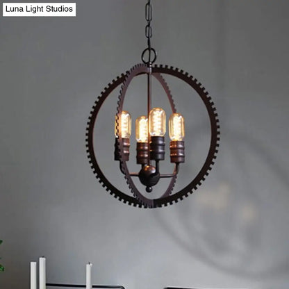 Industrial Metal Hanging Chandelier with 4-Lights, Globe Shade and Bronze Finish for Dining Room