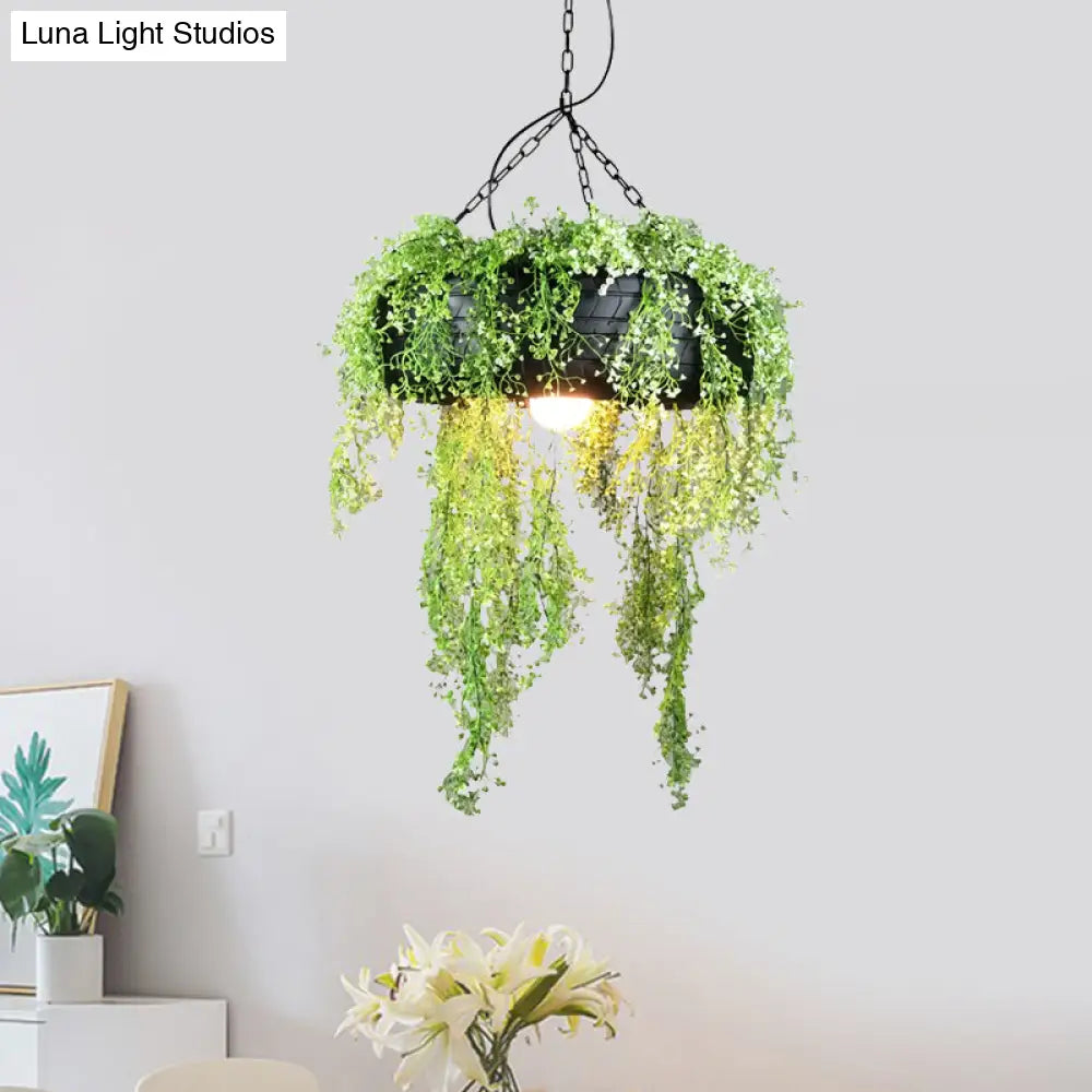 Industrial Metal Hanging Lamp Kit - Tyre Dining Room Ceiling Fixture with Vine-inspired Fake Deco - Green Finish