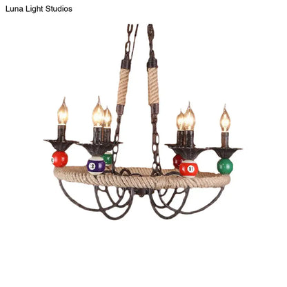 Industrial Metal Hanging Lamp: Roped Ring Bar, 3/6 Lights, Rust Chandelier with Billiard Ball Decoration