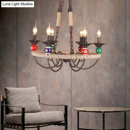 Industrial Metal Hanging Lamp: Roped Ring Bar, 3/6 Lights, Rust Chandelier with Billiard Ball Decoration