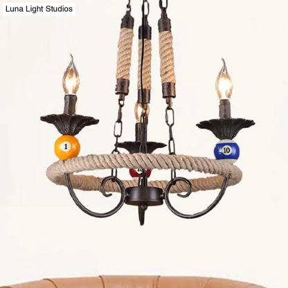 Industrial Metal Hanging Lamp: Roped Ring Bar, 3/6 Lights, Rust Chandelier with Billiard Ball Decoration