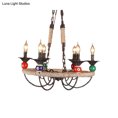 Industrial Metal Hanging Lamp: Roped Ring Bar, 3/6 Lights, Rust Chandelier with Billiard Ball Decoration