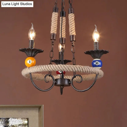 Industrial Metal Hanging Lamp: Roped Ring Bar, 3/6 Lights, Rust Chandelier with Billiard Ball Decoration