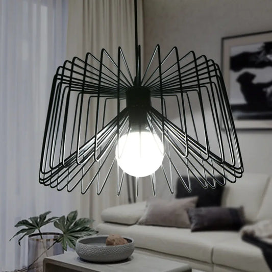 Industrial Metal Hanging Lamp with Adjustable Cord - Black/White Cage Shade - Living Room Ceiling Light